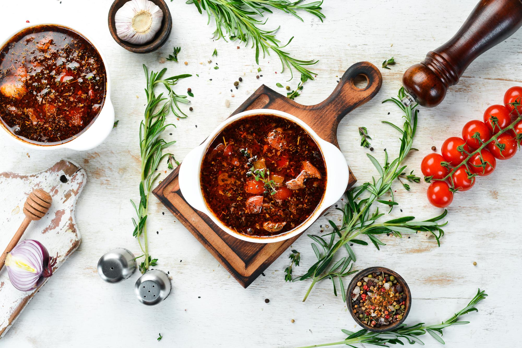 Plated rustic stew with herbs